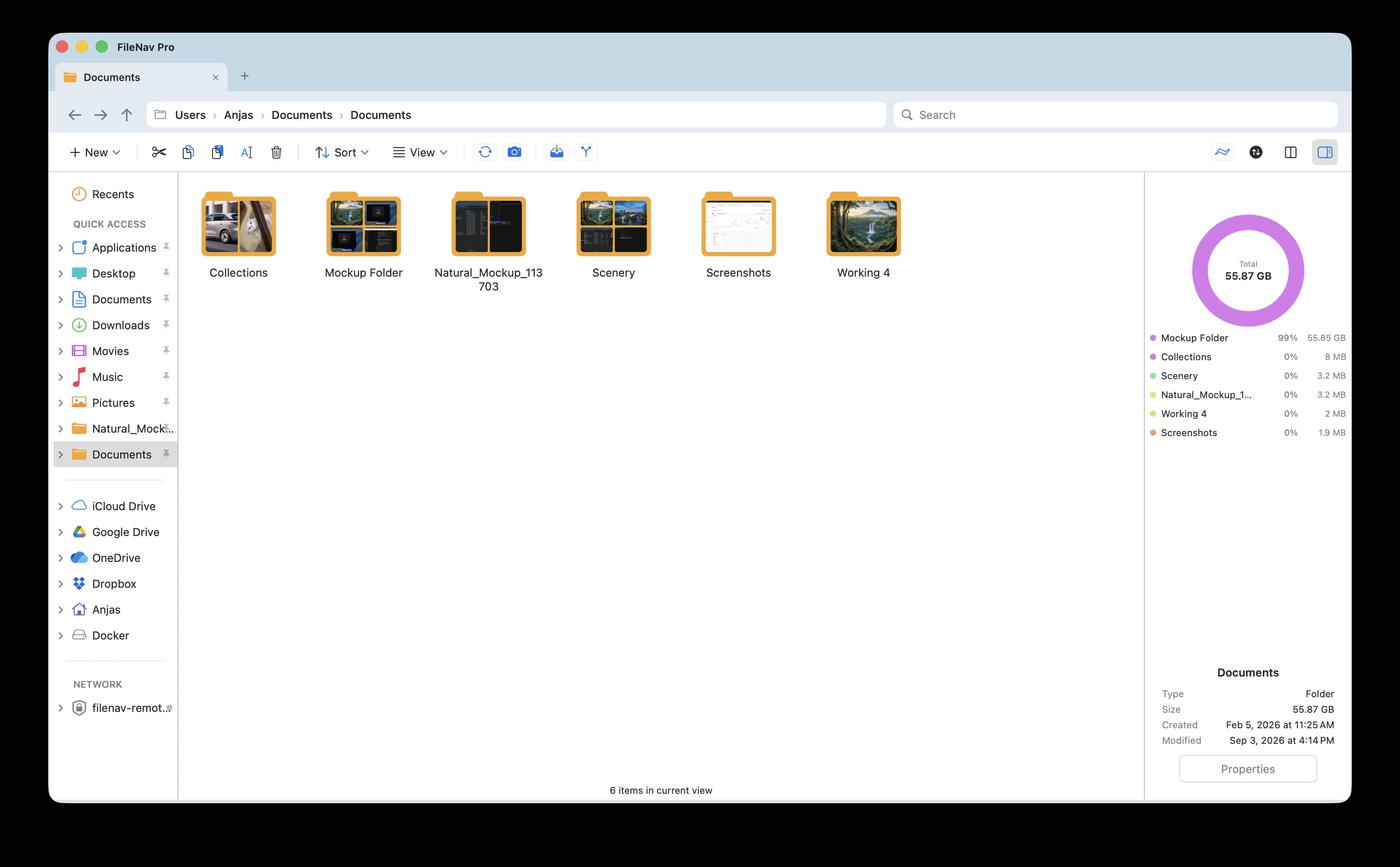 FileNav Pro showing Windows-style folder previews in grid view — folders full of photos and videos show a preview of what's inside